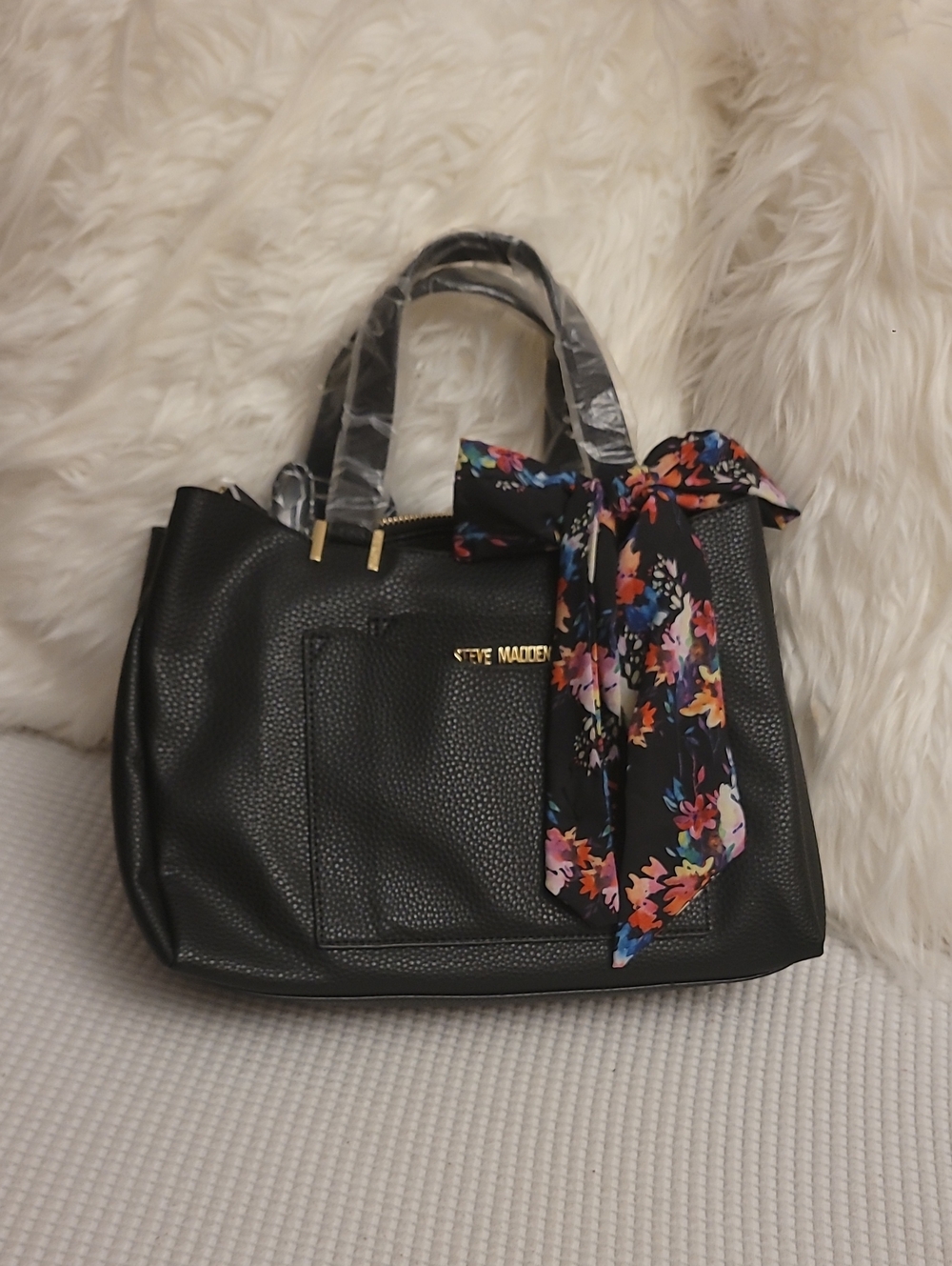 Steve Madden Black Tote with Floral Accent Scarf